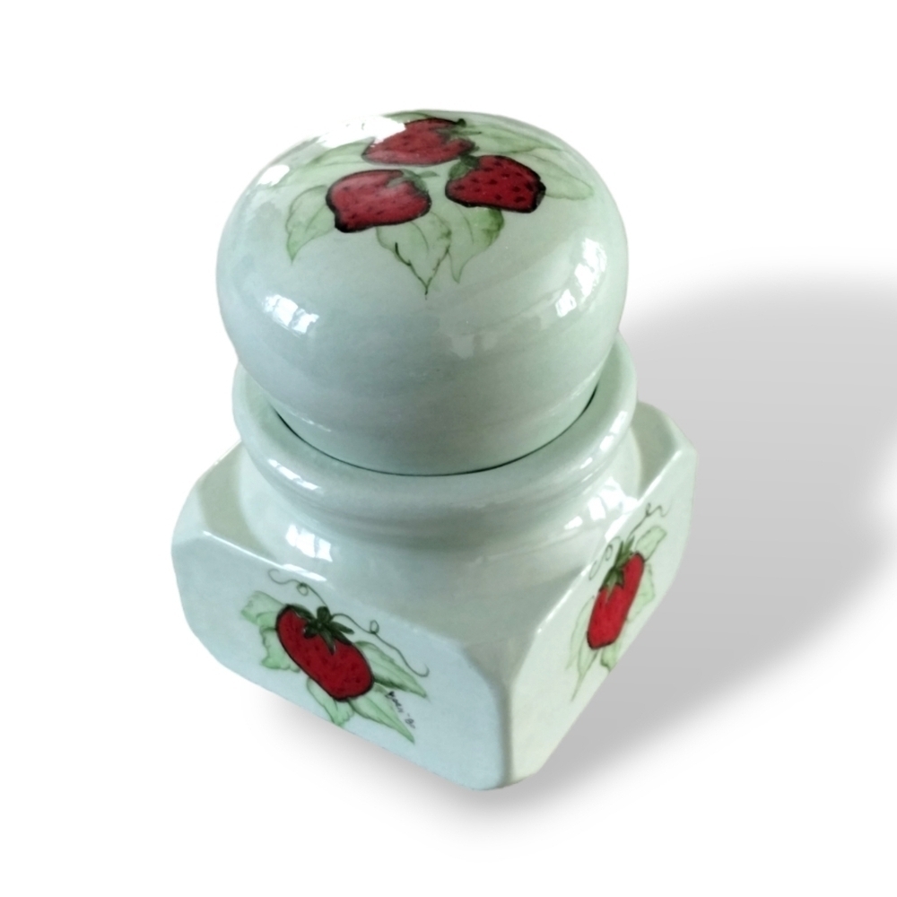 1980 Handpainted Strawberries Lidded Green Jar
